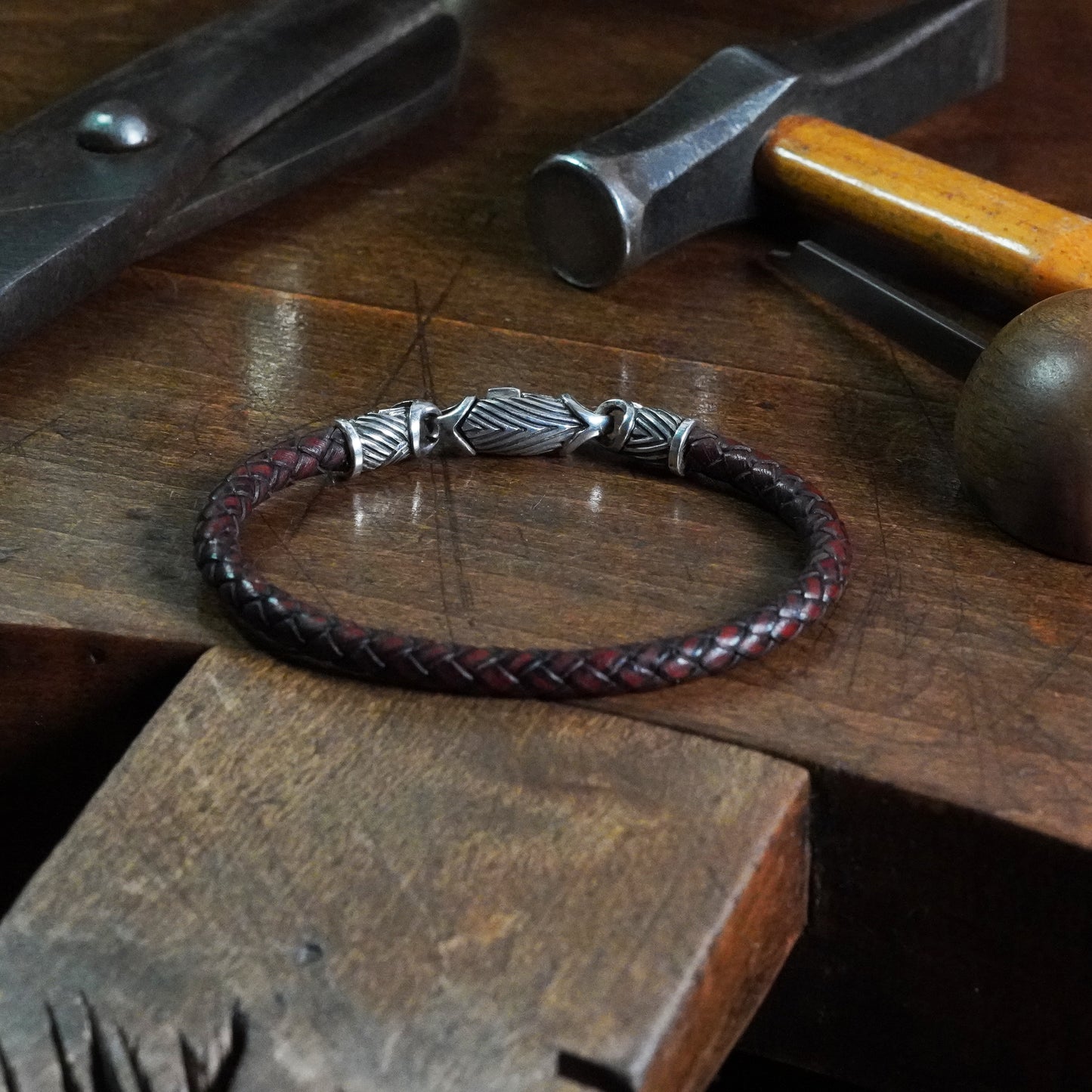 Spartan - Scroll link bracelet with leather braid