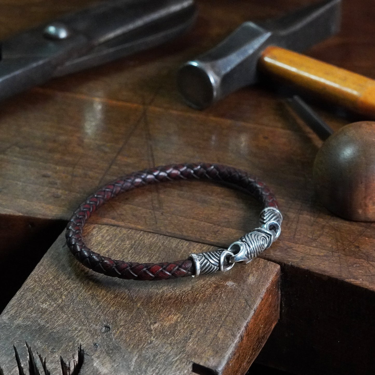Spartan - Scroll link bracelet with leather braid